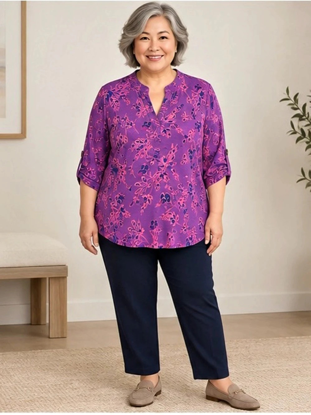 Dear Scarlett Lizzy Floral Blouse, Roll Tab Sleeves - Size 2X - NWT